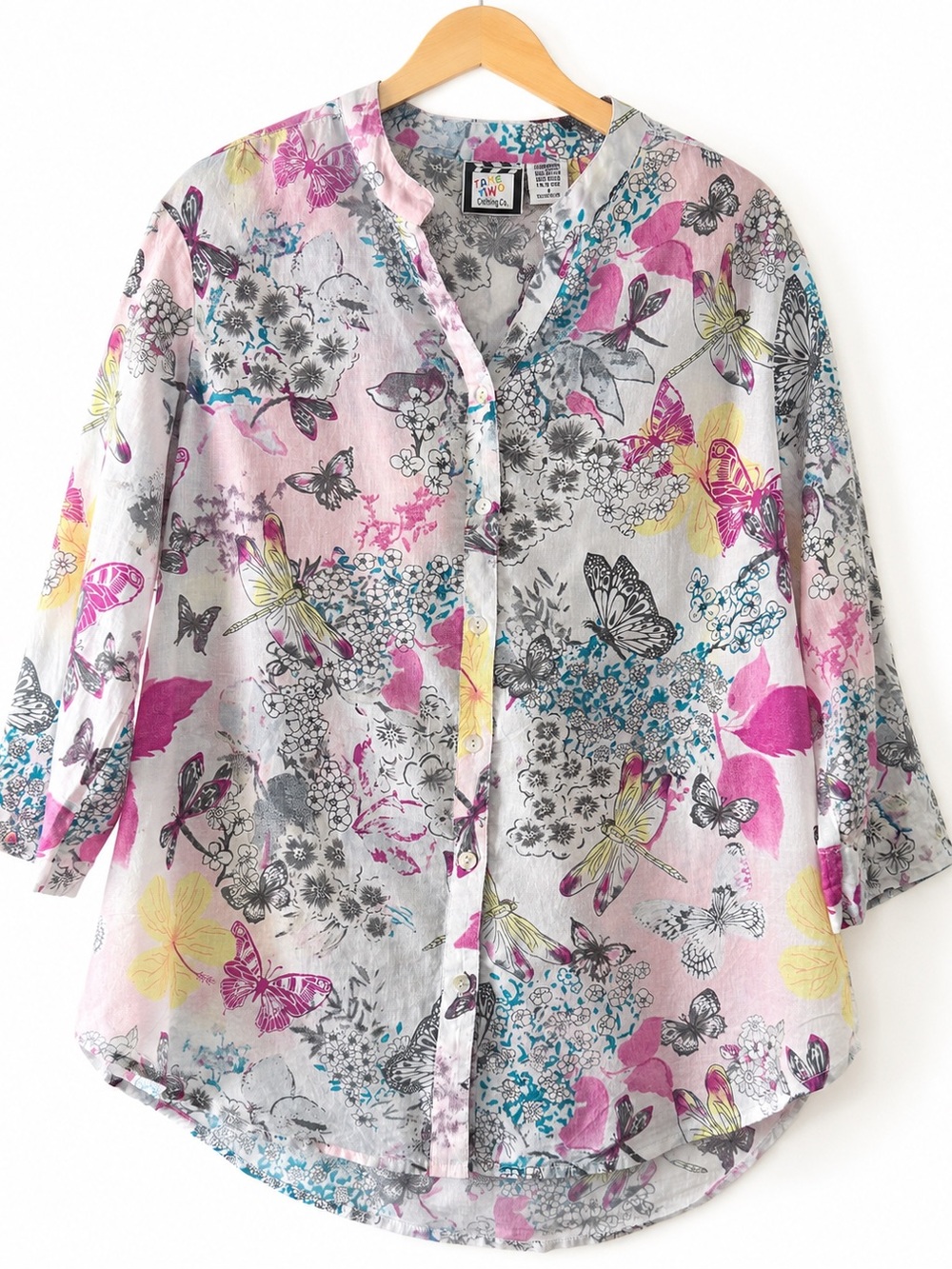 Take Two Clothing Co Butterfly Dragonfly Floral Blouse Large Cotton Top